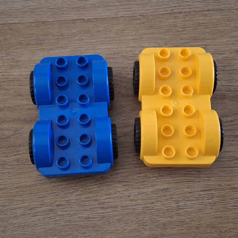 Set Of 2 LEGO Duplo Yellow And Blue Cars With Black Tires & Yellow Wheels. A&C